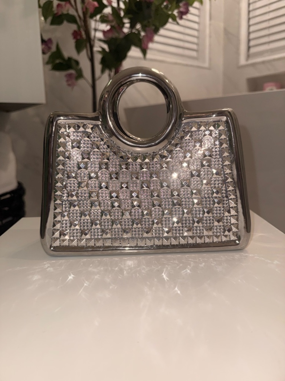 Silver Studded Handbag Vase Decor